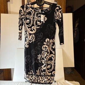White House Black Market Paisley Floral Scroll ShiftDress Cheetah Trim Sz XS NEW